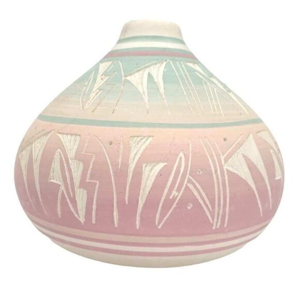 Vintage Native American Navajo Rockwell Etched Pottery Vase Signed